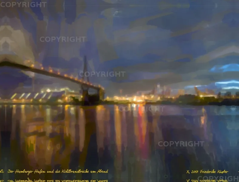 Der Hamburger Hafen und die Köhlbrandbrücke am Abend