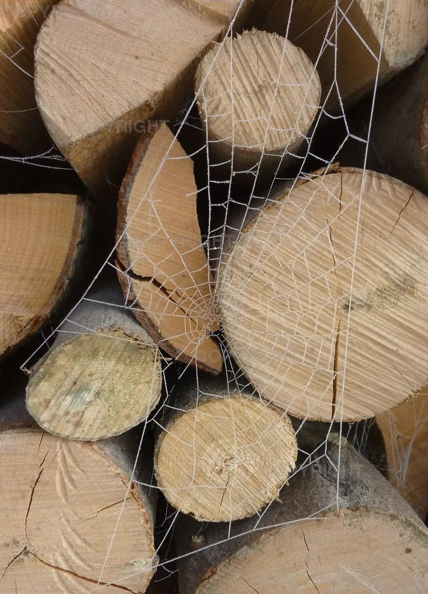 Grußkarte / Spinnenweben vor Holz