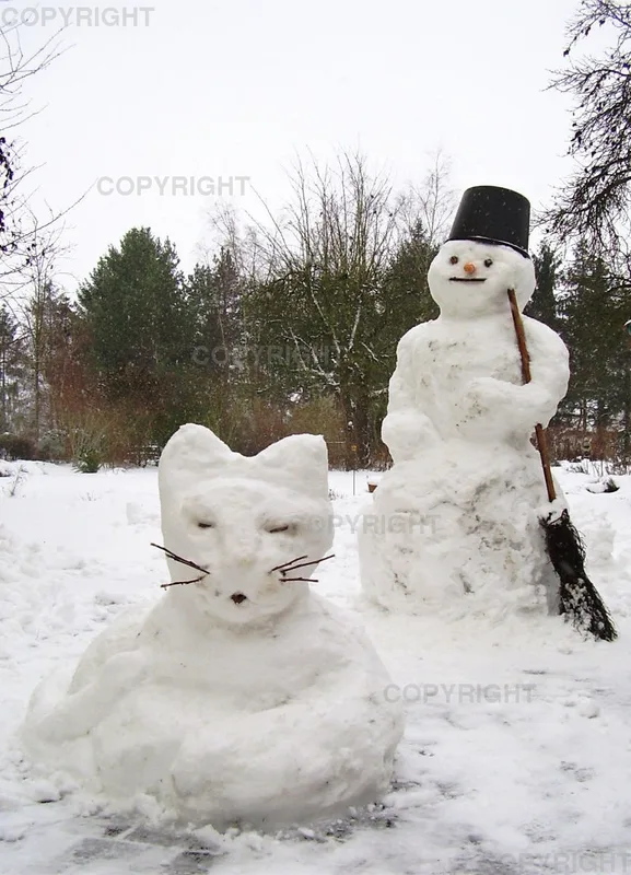 Grußkarte / Schneekatze und Schneemann
