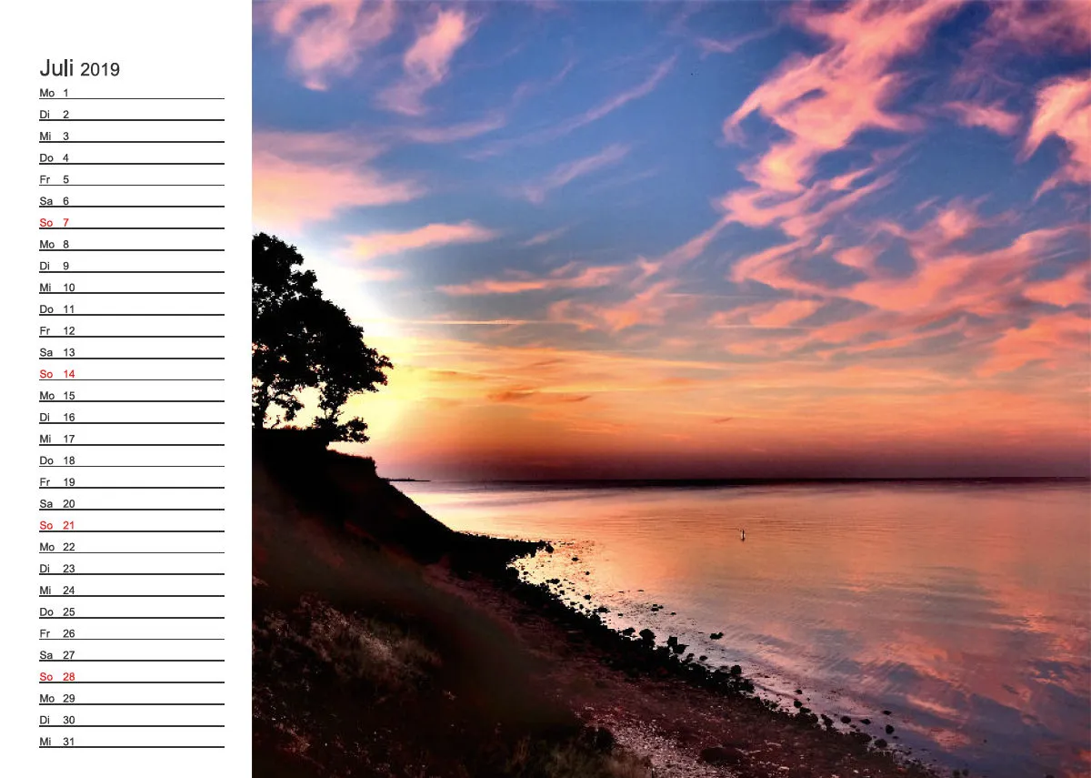 2019 (Design 18') Wandkalender mit weißem Kalendarium links