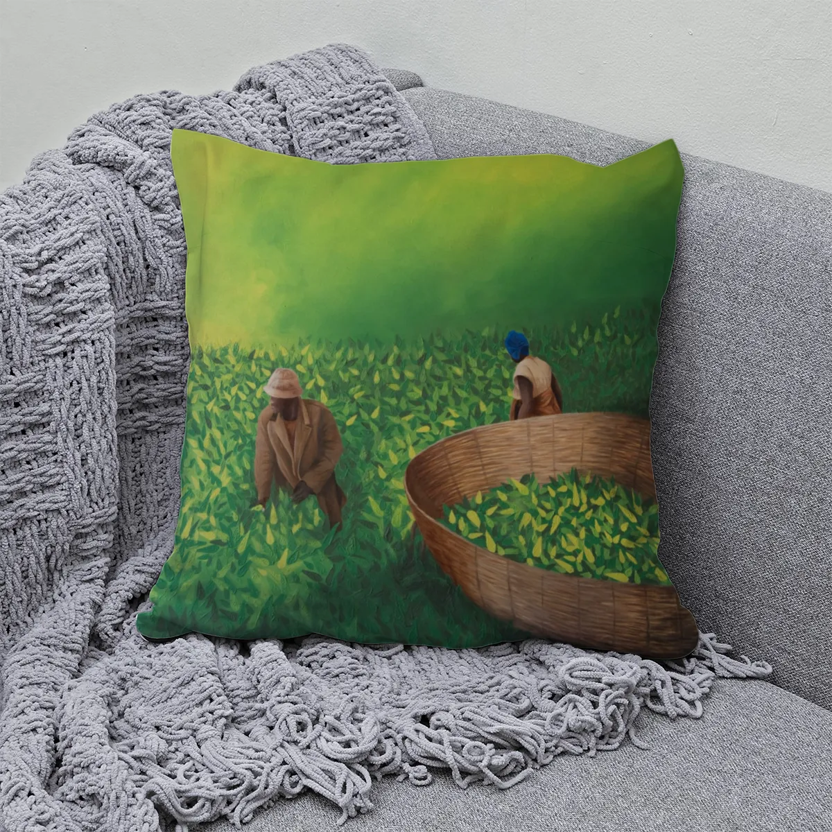 Samtkissen "Teepflücker in Afrika" 40 x 40 cm