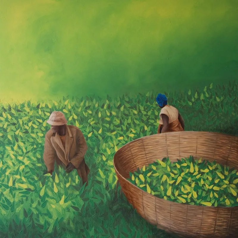 Samtkissen "Teepflücker in Afrika" 40 x 40 cm