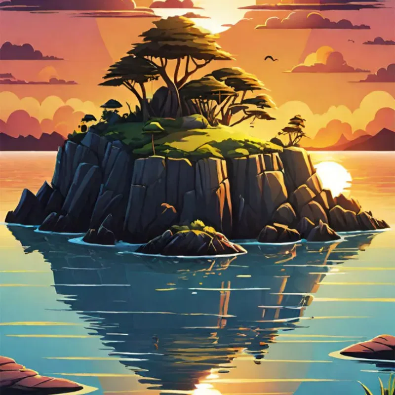 Flauschiges Samtkissen mit idyllischem Kleinod, einsame Insel im Sonnenuntergang