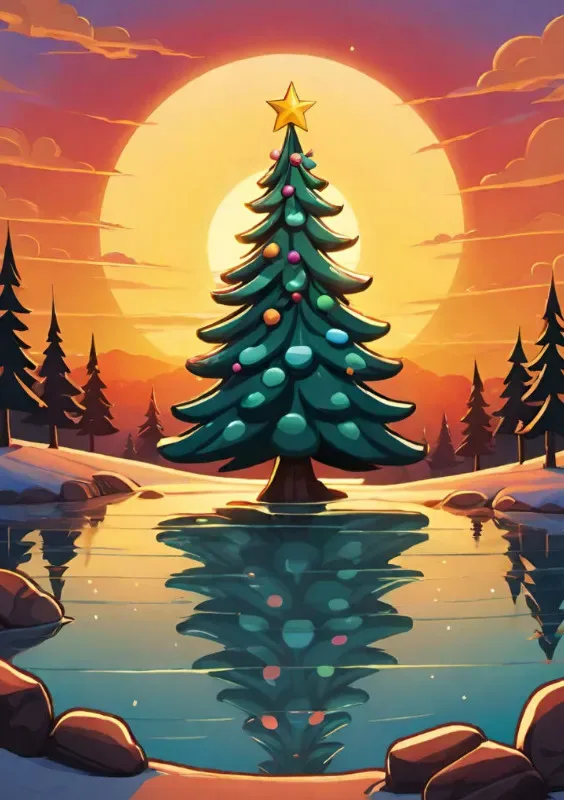 Puzzle Christmas-Edition, Weihnachtsbaum im Sonnenuntergang