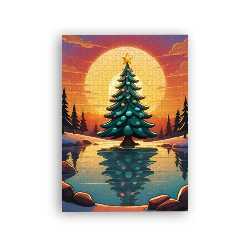 Puzzle Christmas-Edition, Weihnachtsbaum im Sonnenuntergang