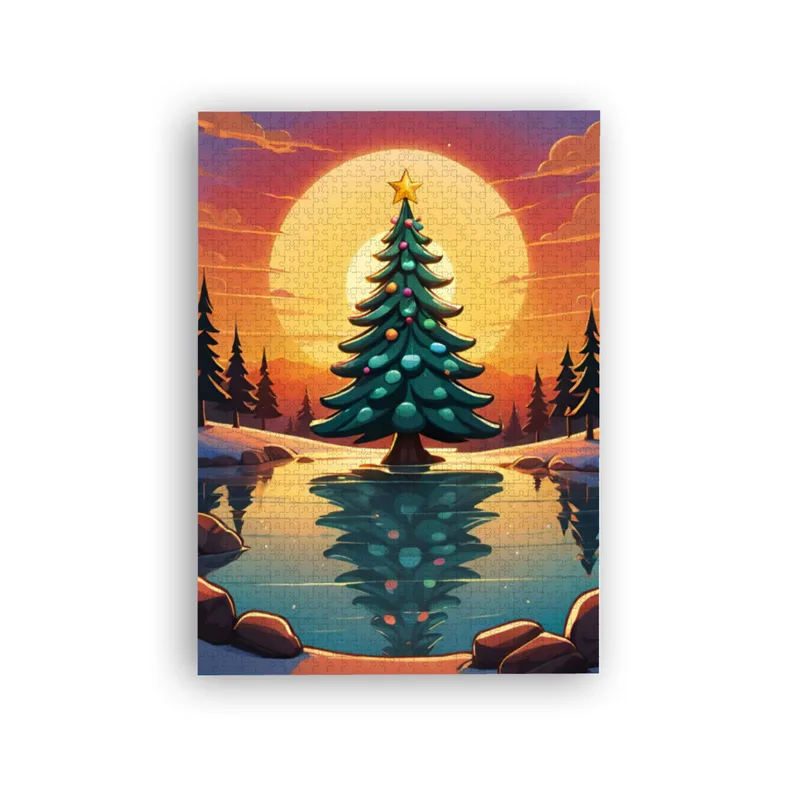 Puzzle Christmas-Edition, Weihnachtsbaum im Sonnenuntergang