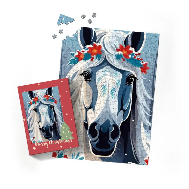 Puzzle Christmas-Edition, florales Winterpferd im Schnee