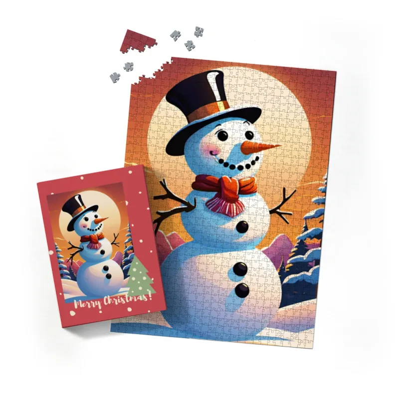 Puzzle Christmas-Edition, Schneemann im Sonnenuntergang