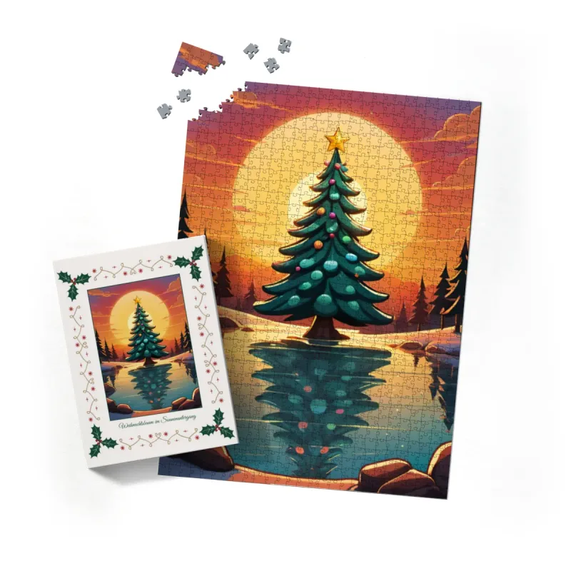 Puzzle Christmas-Edition, Weihnachtsbaum im Sonnenuntergang