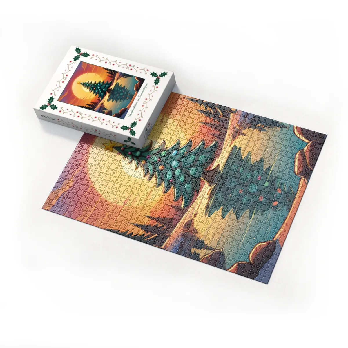 Puzzle Christmas-Edition, Weihnachtsbaum im Sonnenuntergang