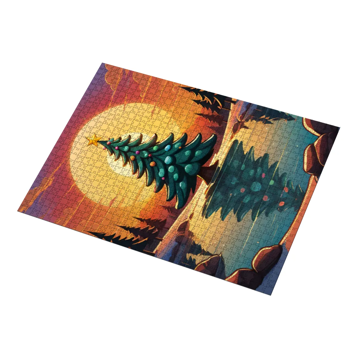 Puzzle Christmas-Edition, Weihnachtsbaum im Sonnenuntergang
